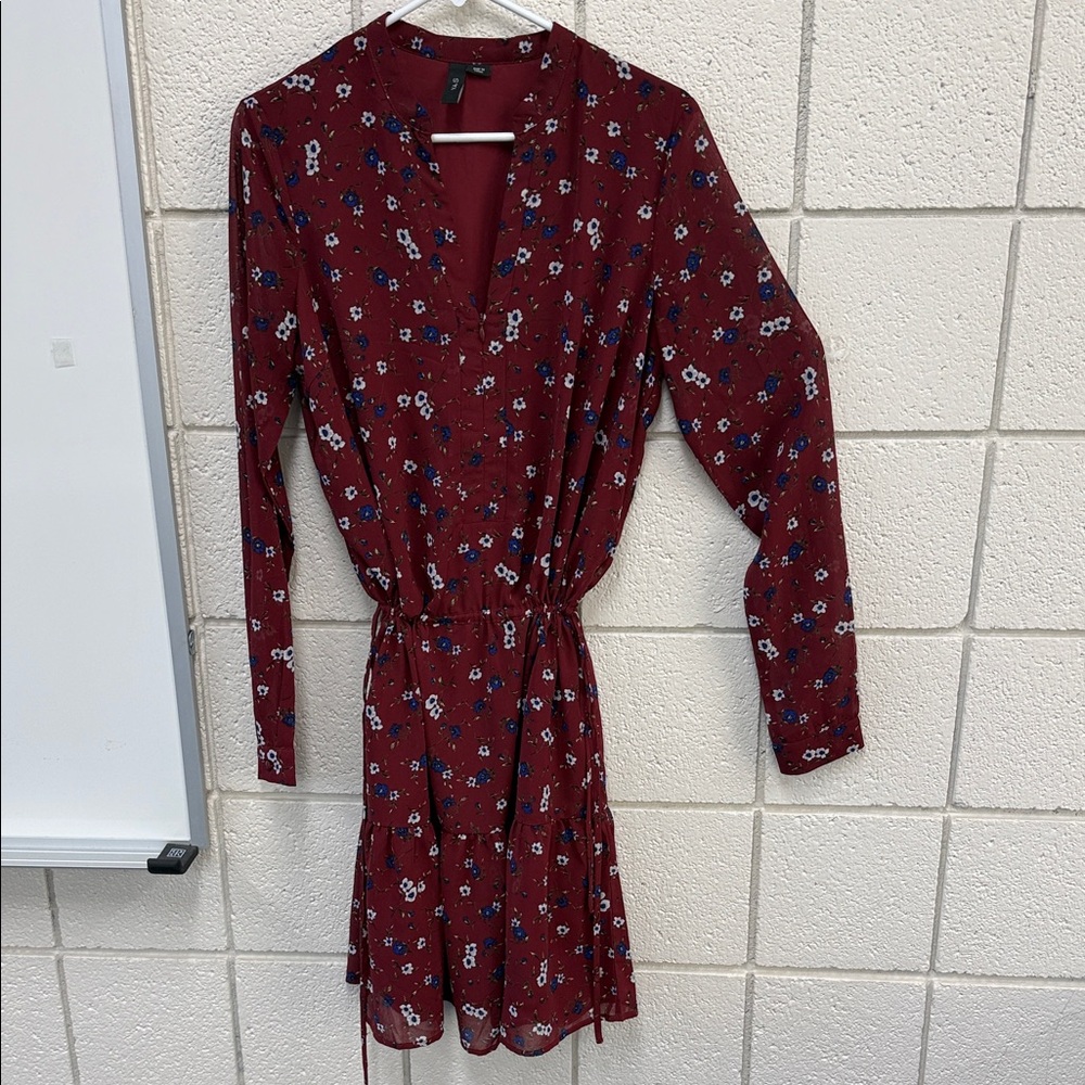 Chic Maroon Floral Long Sleeve Tier Dress